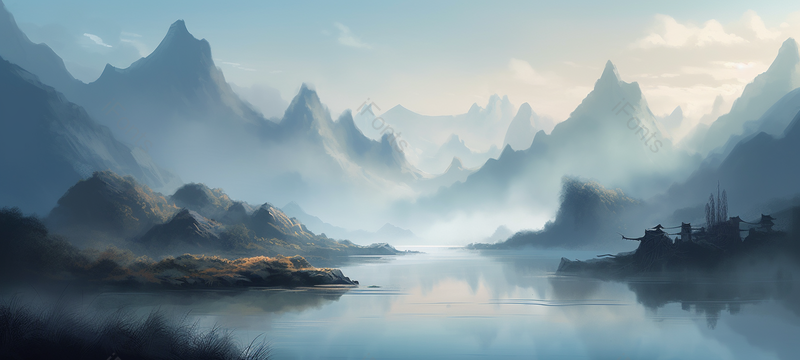 草植物远望蓝色山水水墨画中国风背景,插画/手绘图,插画/手绘图库,插画/手绘图下载,插画/手绘